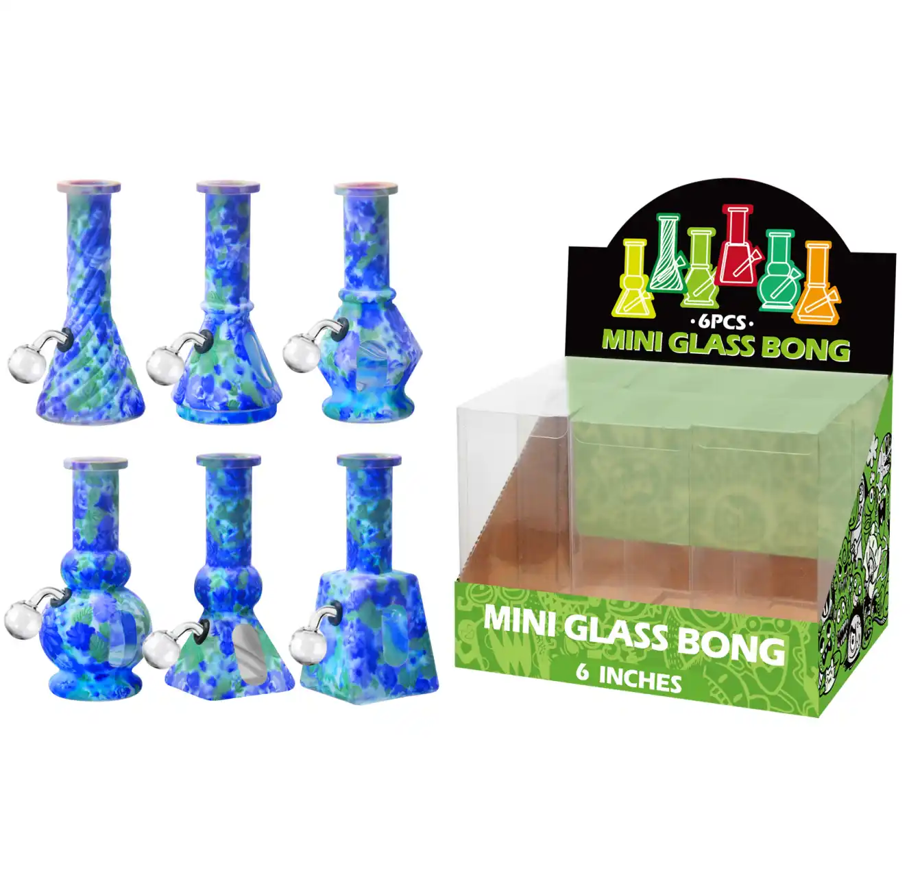 6inch Multi-Shape 6in1 Oil Burner-M67002B Blue Flower Hot Transfer Printing+Water Window Glass Oil Burner 6inch-M67002B - Image 1