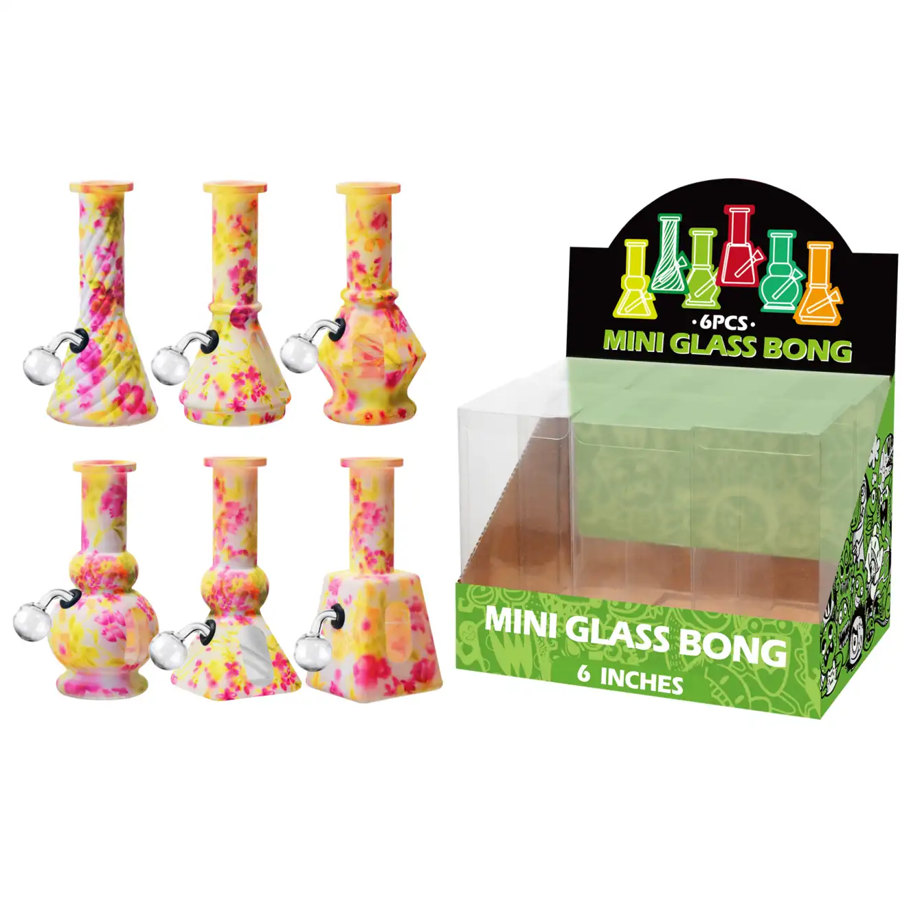6inch Multi-Shape 6in1 Oil Burner-M67005B Pink And Yellow Hot Transfer Printing+Water Window Glass Oil Burner 6inch-M67005B - Image 1