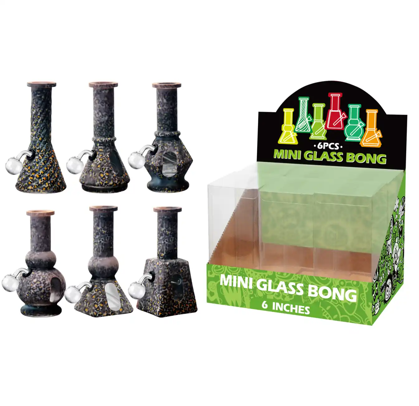 6inch Multi-Shape 6in1 Oil Burner-M67008B Leopard Hot Transfer Printing+Water Window Glass Oil Burner 6inch-M67008B - Image 1