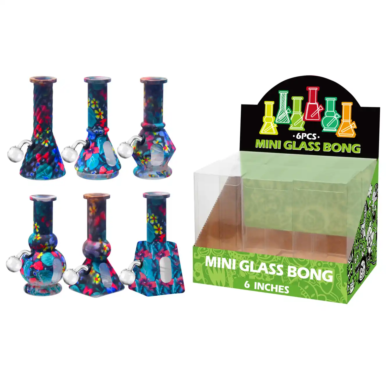 6inch Multi-Shape 6in1 Oil Burner-M67010B Flower Hot Transfer Printing+Water Window Glass Oil Burner 6inch-M67010B - Image 1