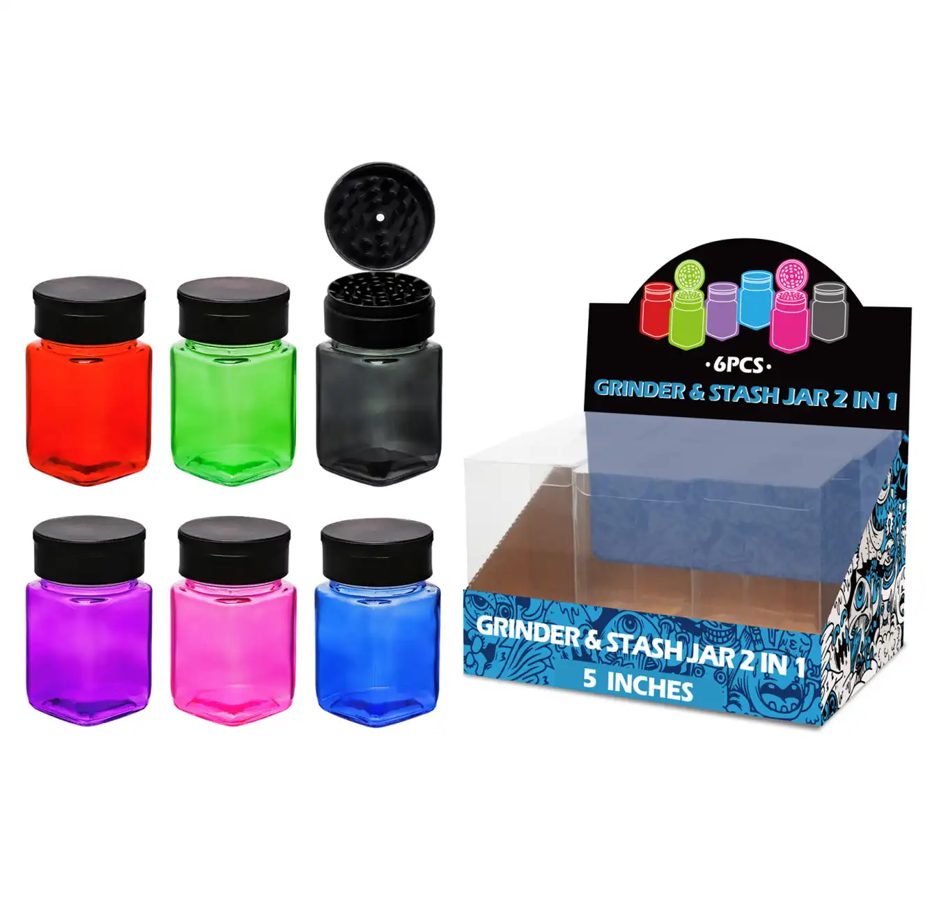 5inch grinder&stash jar 2in1-MG0101 Mixed Colors Transparent Paint Glass Grinder&stash Jar 5inch-MG0101W/C - Image 1