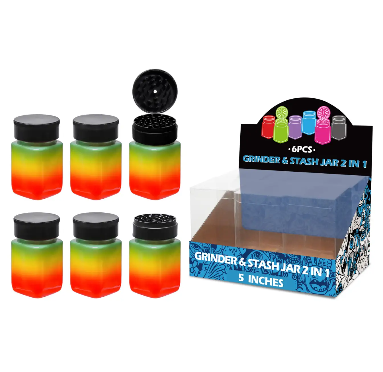 5inch grinder&stash jar 2in1-MG1101 Rasta Paint Glass Grinder&stash Jar 5inch-MG1101W/C - Image 1