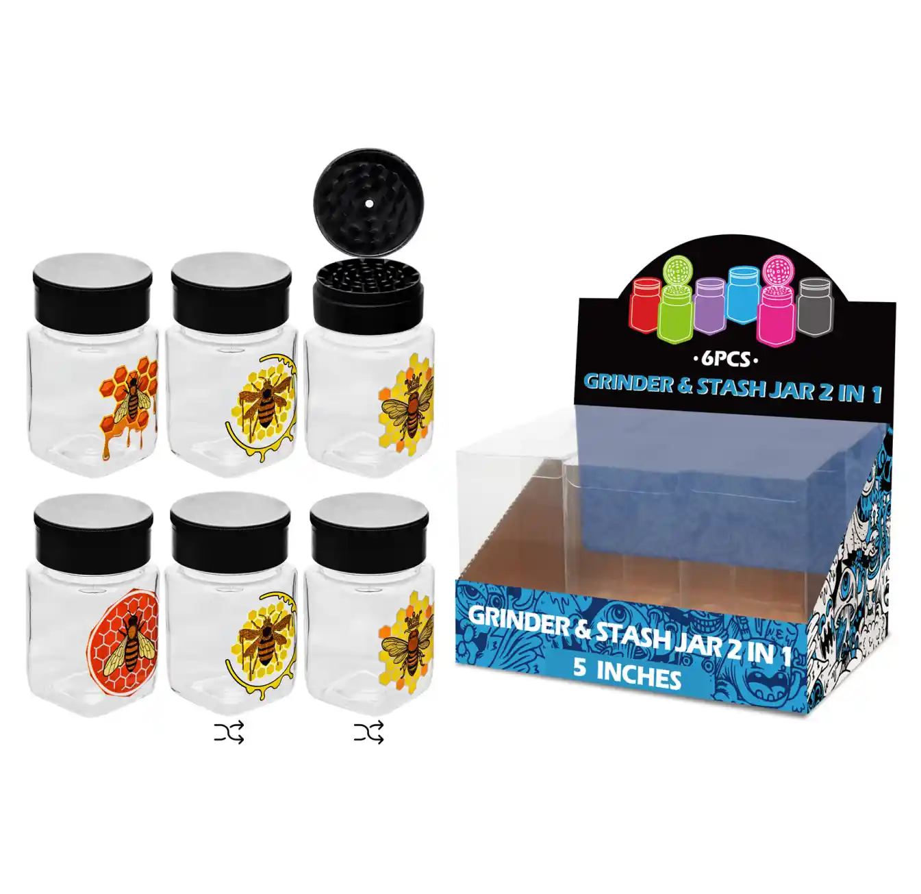 5inch grinder&stash jar 2in1-MG3005 Bees Mixed Decal Glass Grinder&stash Jar 5inch-MG3005W/C - Image 1