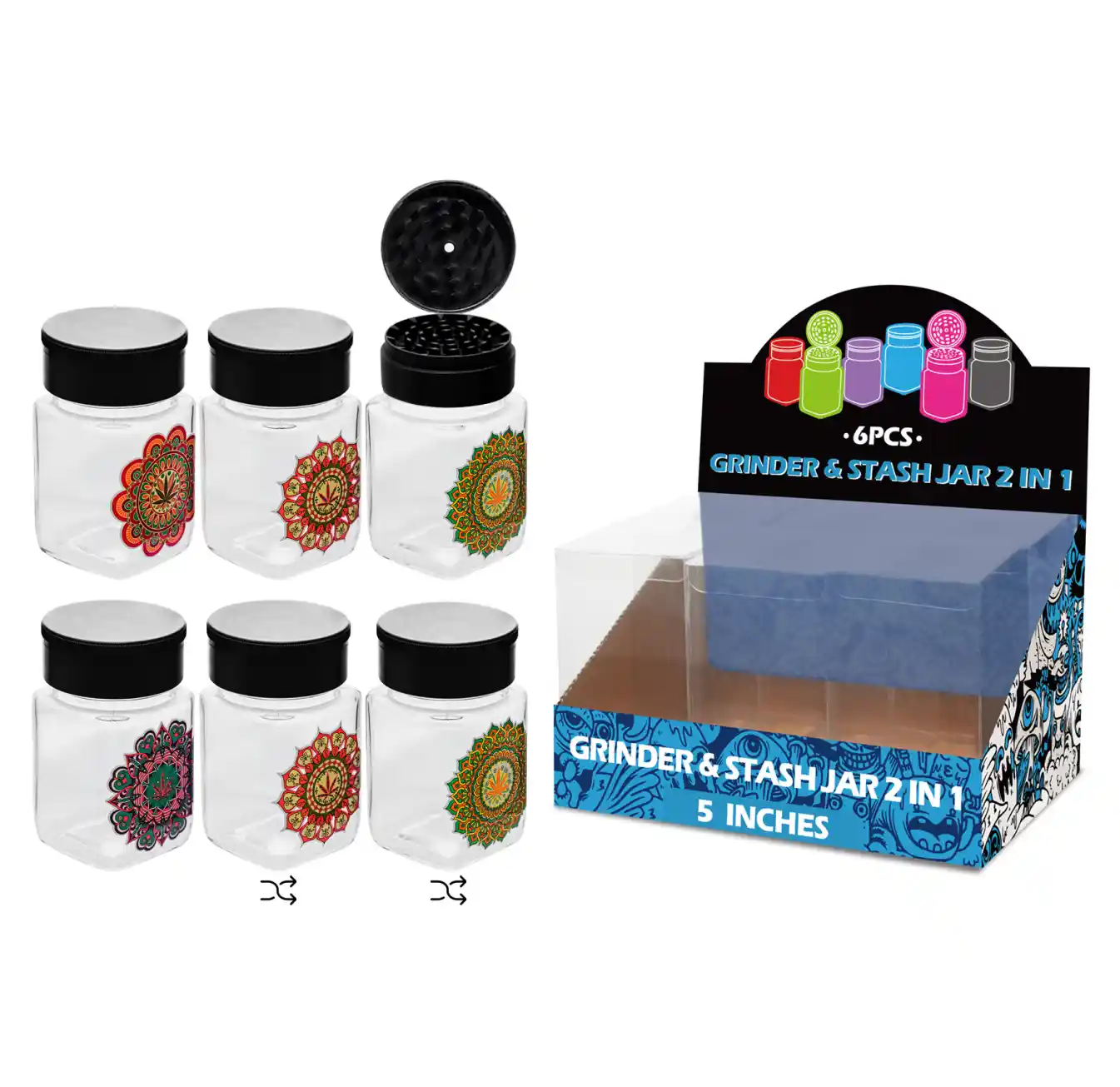 5inch grinder&stash jar 2in1-MG3006 Mandala Pattern Mixed Decal Glass Grinder&stash Jar 5inch-MG3006W/C - Image 1