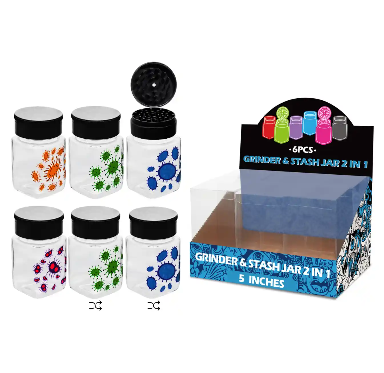 5inch grinder&stash jar 2in1-MG3007 Virus Mixed Decal Glass Grinder&stash Jar 5inch-MG3007W/C - Image 1