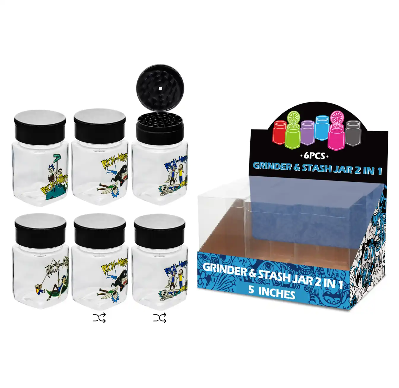 5inch grinder&stash jar 2in1-MG3009 Rick and Morty Mixed Decal Glass Grinder&stash Jar 5inch-MG3009W/C - Image 1