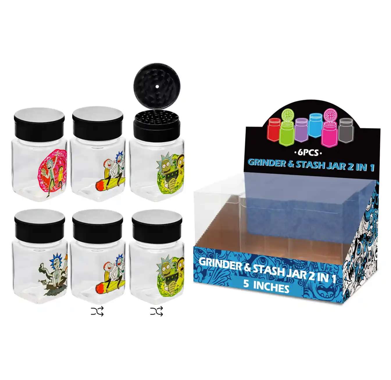 5inch grinder&stash jar 2in1-MG3010 Rick and Morty Mixed Decal Glass Grinder&stash Jar 5inch-MG3010W/C - Image 1
