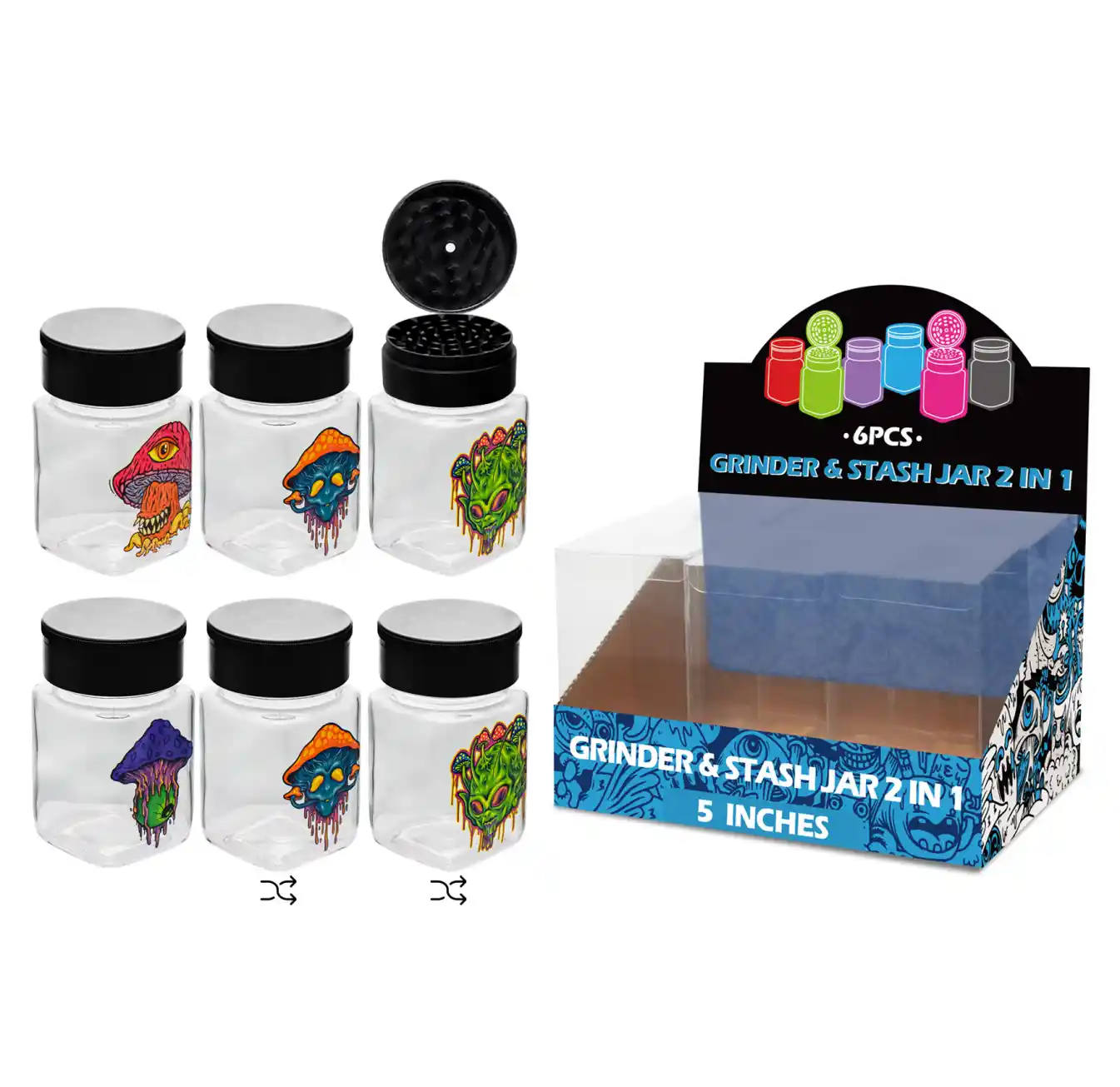 5inch grinder&stash jar 2in1-MG3015 Mushroom Mixed Decal Glass Grinder&stash Jar 5inch-MG3015W/C - Image 1