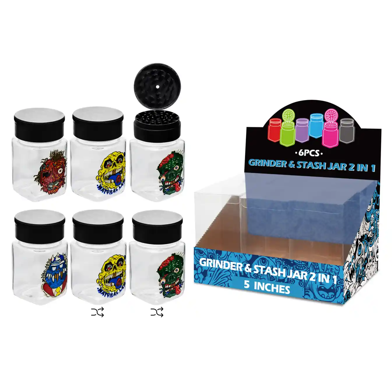 5inch grinder&stash jar 2in1-MG3016 Skull Mixed Decal Glass Grinder&stash Jar 5inch-MG3016W/C - Image 1