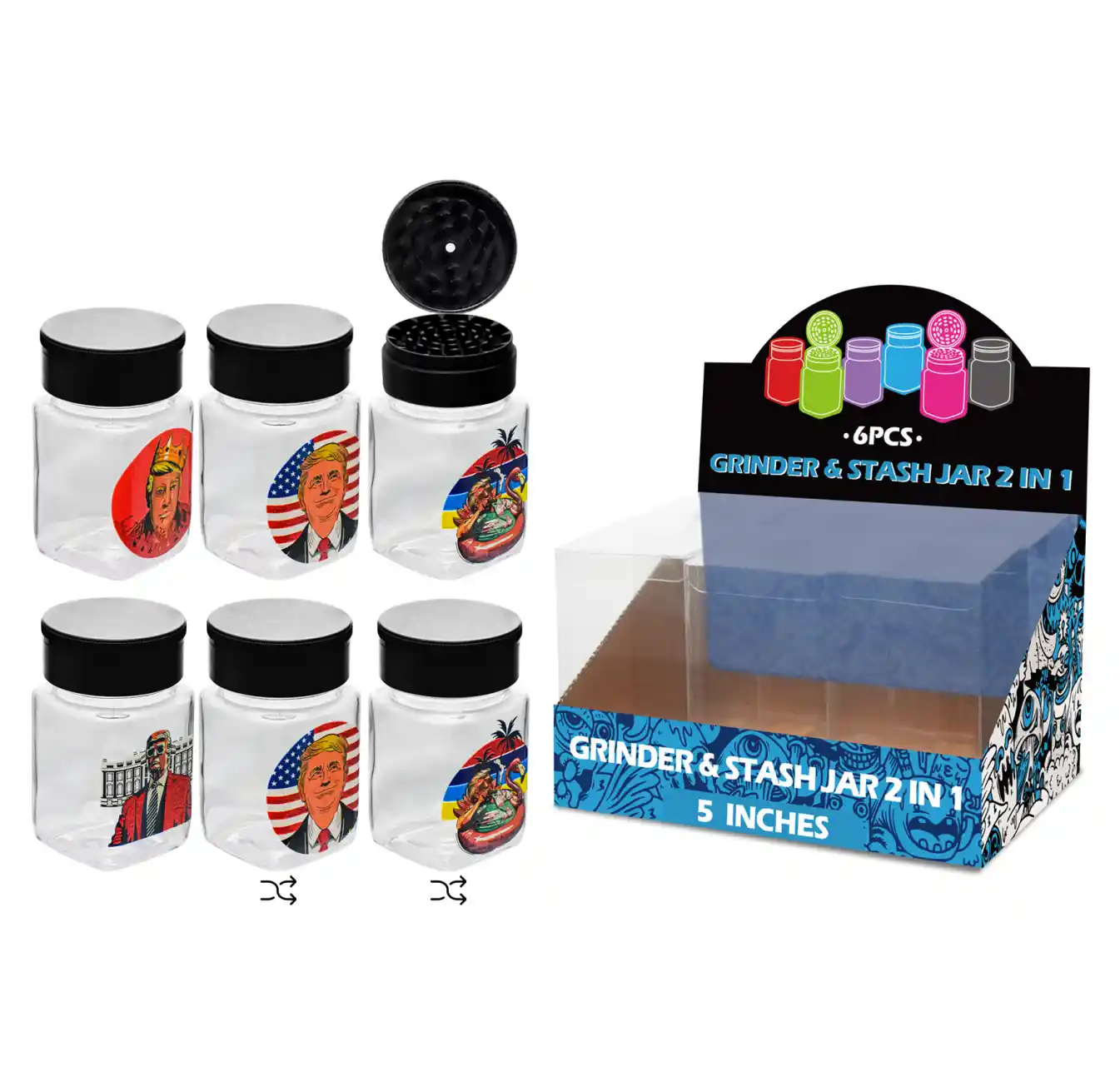 5inch grinder&stash jar 2in1-MG3017 Trump Mixed Decal Glass Grinder&stash Jar 5inch-MG3017W/C - Image 1