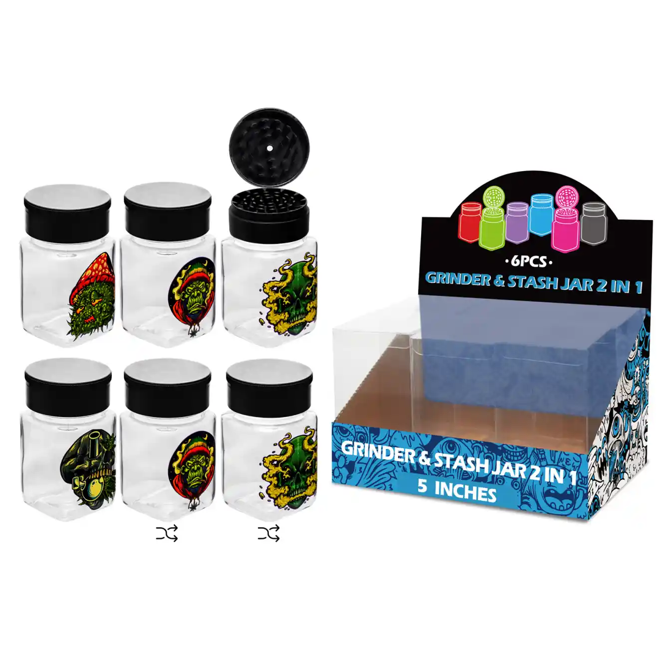 5inch grinder&stash jar 2in1-MG3018 Skull Mixed Decal Glass Grinder&stash Jar 5inch-MG3018W/C - Image 1