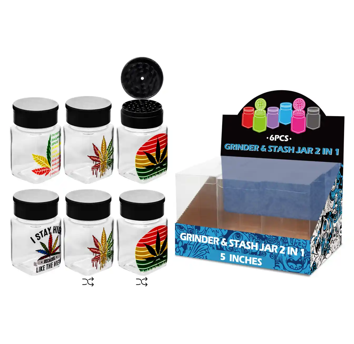 5inch grinder&stash jar 2in1-MG3020 Weed Leaf Mixed Decal Glass Grinder&stash Jar 5inch-MG3020W/C - Image 1