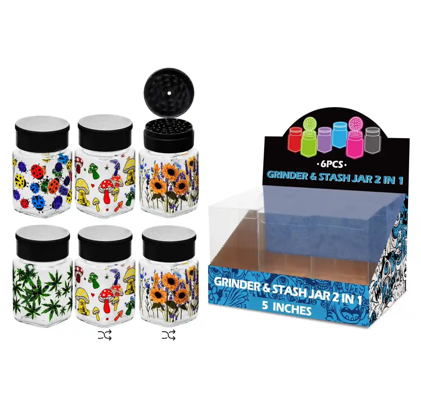 5inch grinder&stash jar 2in1-MG3103 Mixed Decal Glass Grinder&stash Jar 5inch-MG3103W/C - Image 1
