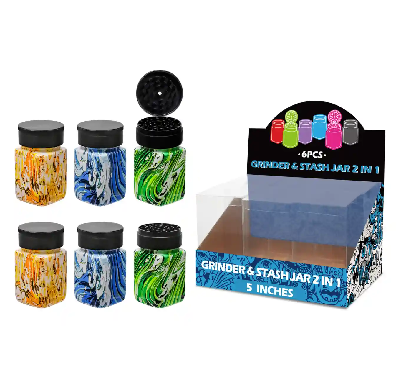 5inch grinder&stash jar 2in1-MG5401 Mixed Colors Wave Pattern Water Transfer Printing Glass Grinder&stash Jar 5inch-MG5401W/C - Image 1