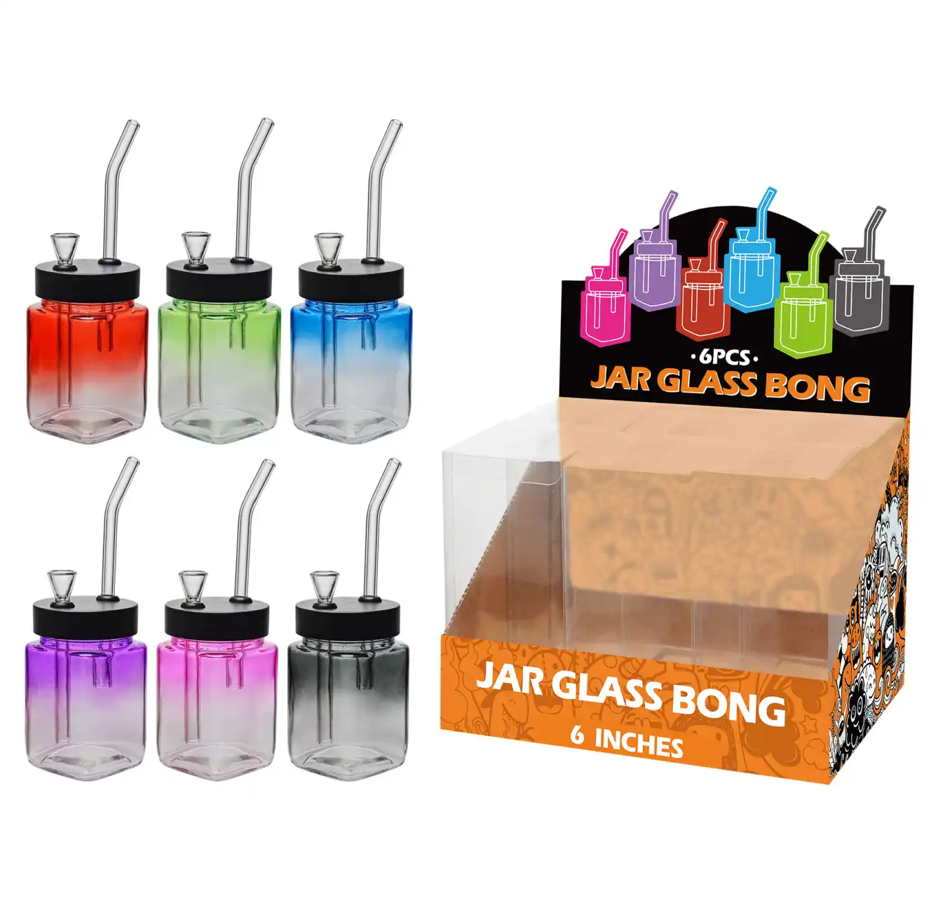 8inch square 6in1 waterpipe-MS0201F Gradient Painting Mixed Colors Glass Square Waterpipe 8inch-MS0201F - Image 1