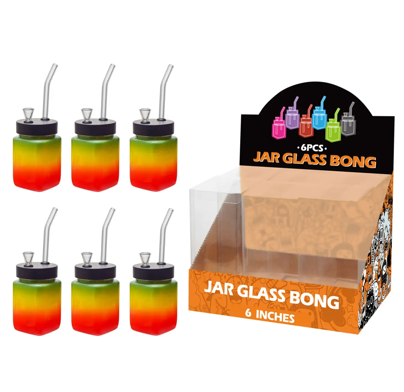 8inch square 6in1 waterpipe-MS1101F Rasta Painting Glass Square Waterpipe 8inch-MS1101F - Image 1