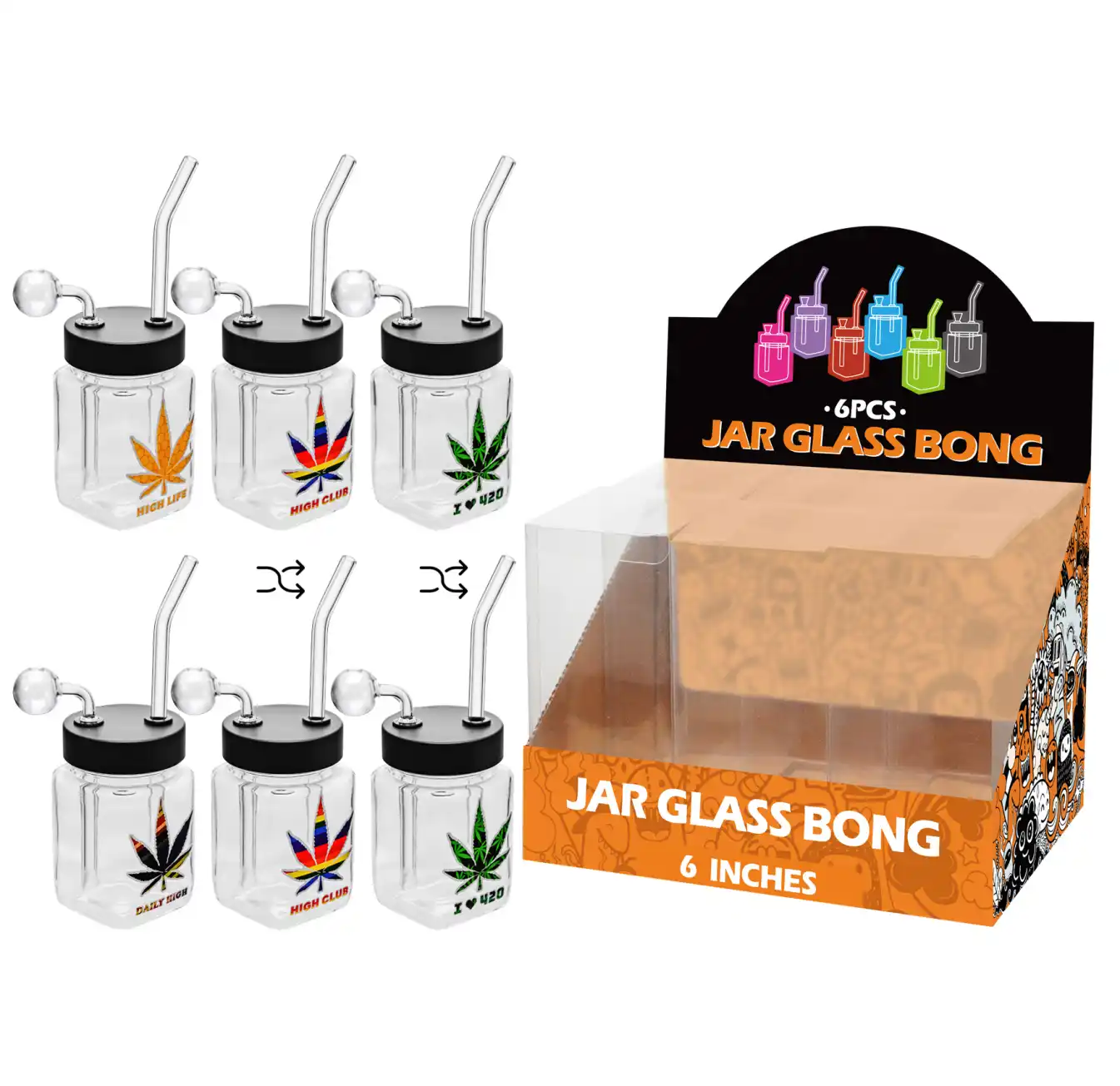 8inch square 6in1 oil burner-MS3001B Mixed Weed Leaf Decal Glass Square Oil Burner 8inch-MS3001B - Image 1
