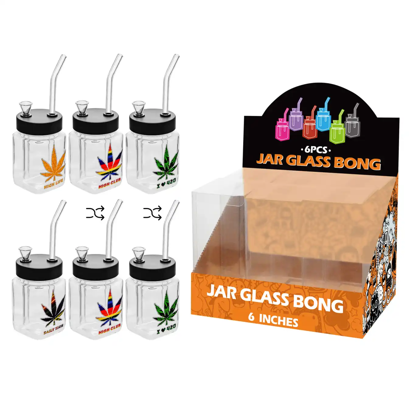 8inch square 6in1 waterpipe-MS3001F Weed Leaf Decal Glass Square Waterpipe 8inch-MS3001F - Image 1