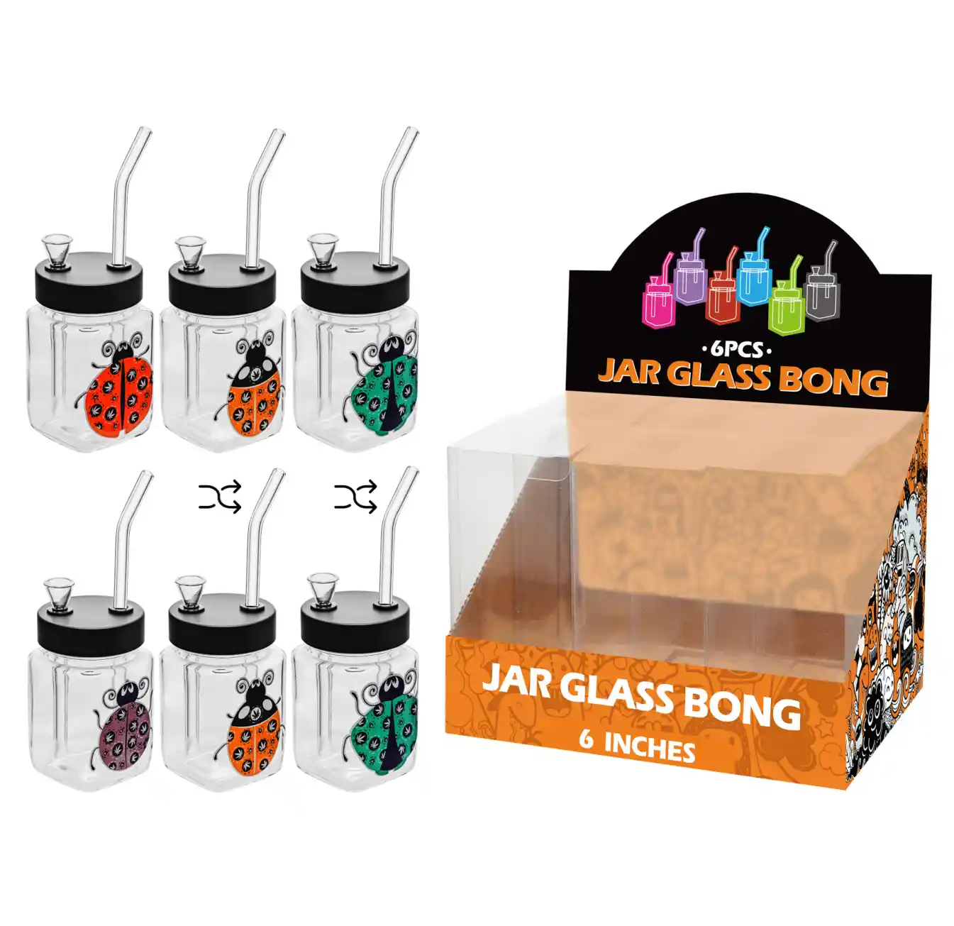 8inch square 6in1 waterpipe-MS3003F Ladybug Decal Glass Square Waterpipe 8inch-MS3003F - Image 1