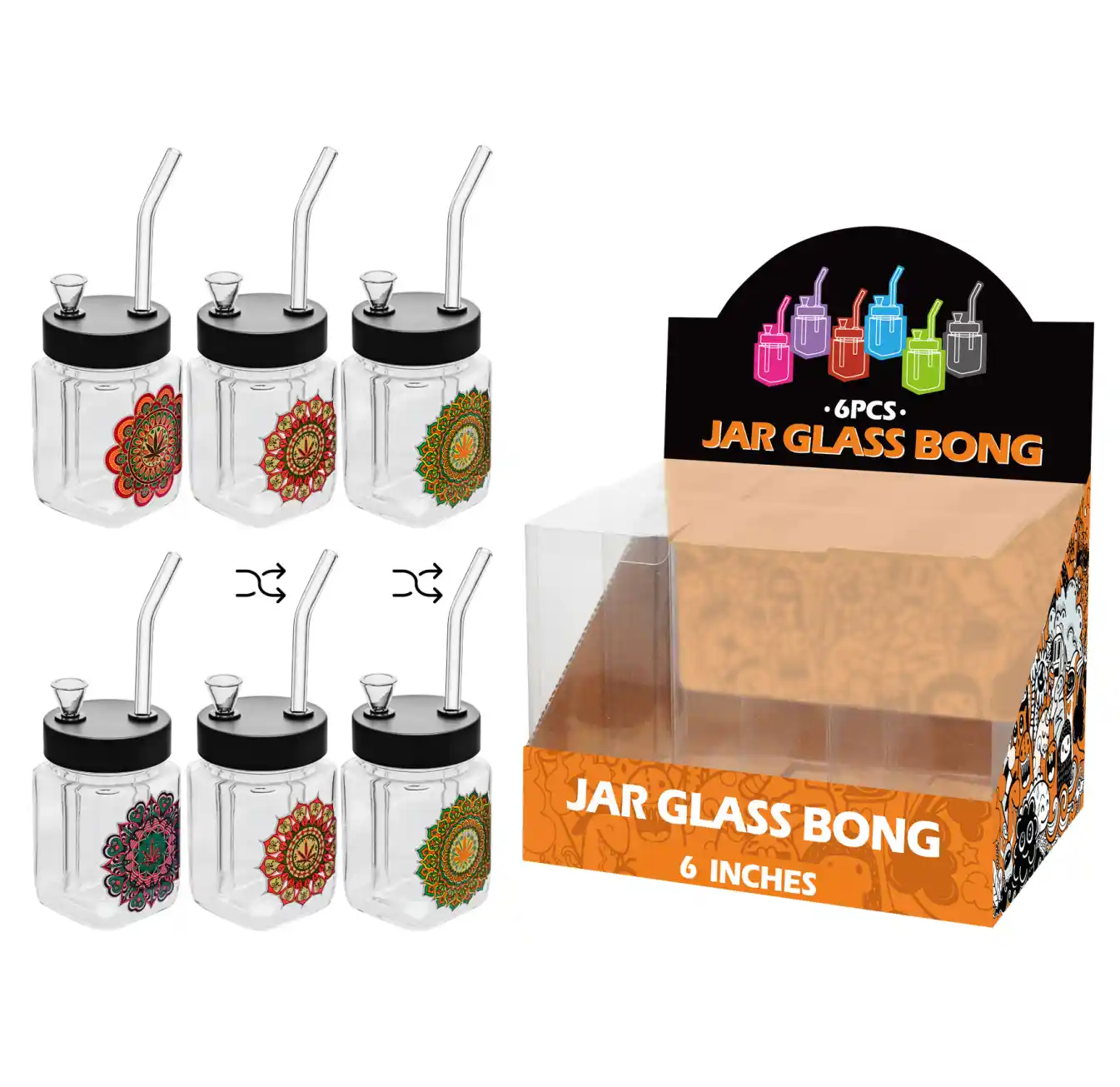 8inch square 6in1 waterpipe-MS3006F Mandala Decal Glass Square Waterpipe 8inch-MS3006F - Image 1