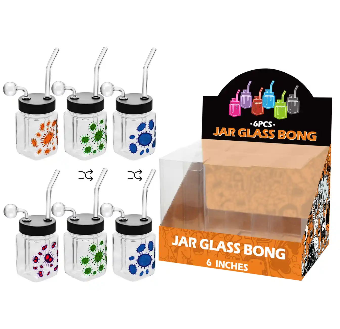 8inch square 6in1 oil burner-MS3007B Mixed Virus Decal Glass Square Oil Burner 8inch-MS3007B - Image 1