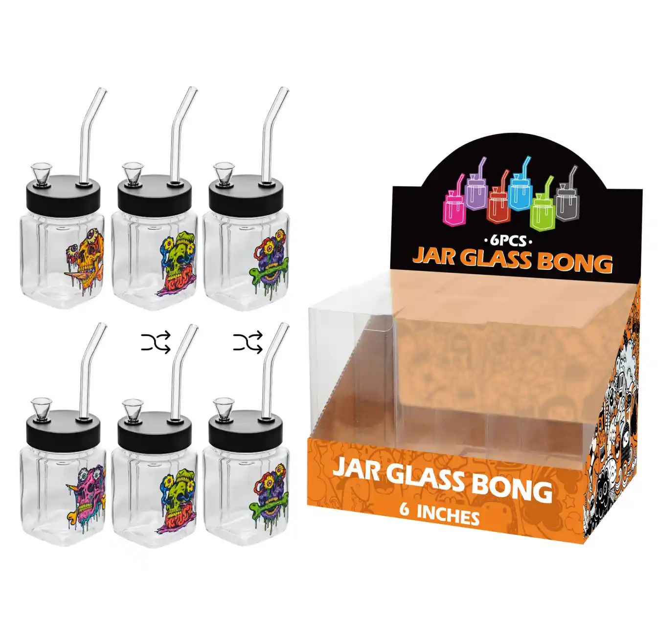 8inch square 6in1 waterpipe-MS3013F Skull Decal Glass Square Waterpipe 8inch-MS3013F - Image 1