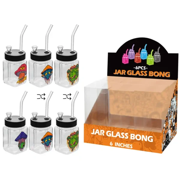 Mushroom Decal Glass Square Waterpipe 8inch-MS3015F
