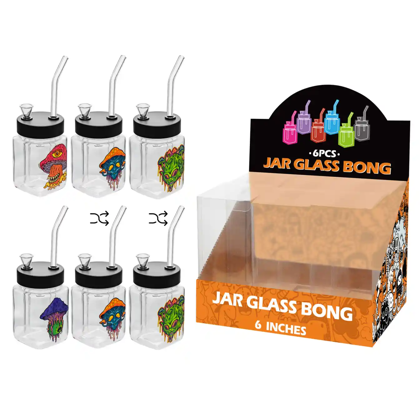 8inch square 6in1 waterpipe-MS3015F Mushroom Decal Glass Square Waterpipe 8inch-MS3015F - Image 1
