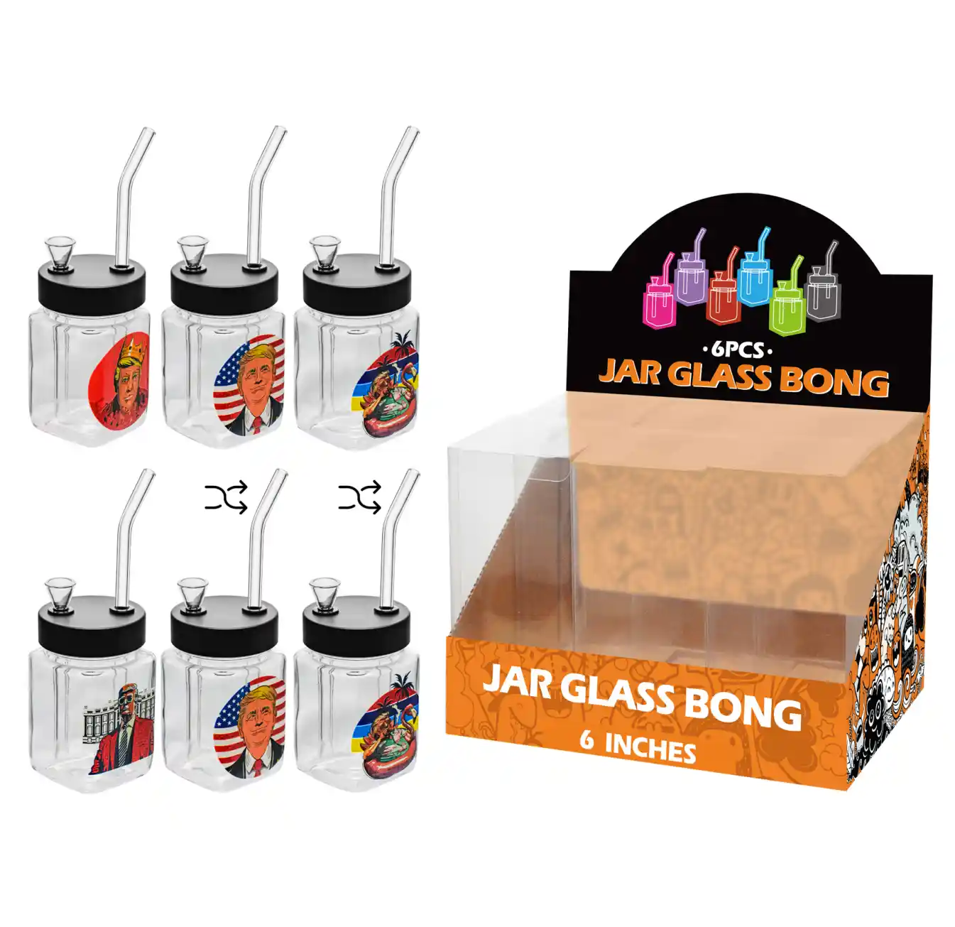 8inch square 6in1 waterpipe-MS3017F Trump Decal Glass Square Waterpipe 8inch-MS3017F - Image 1