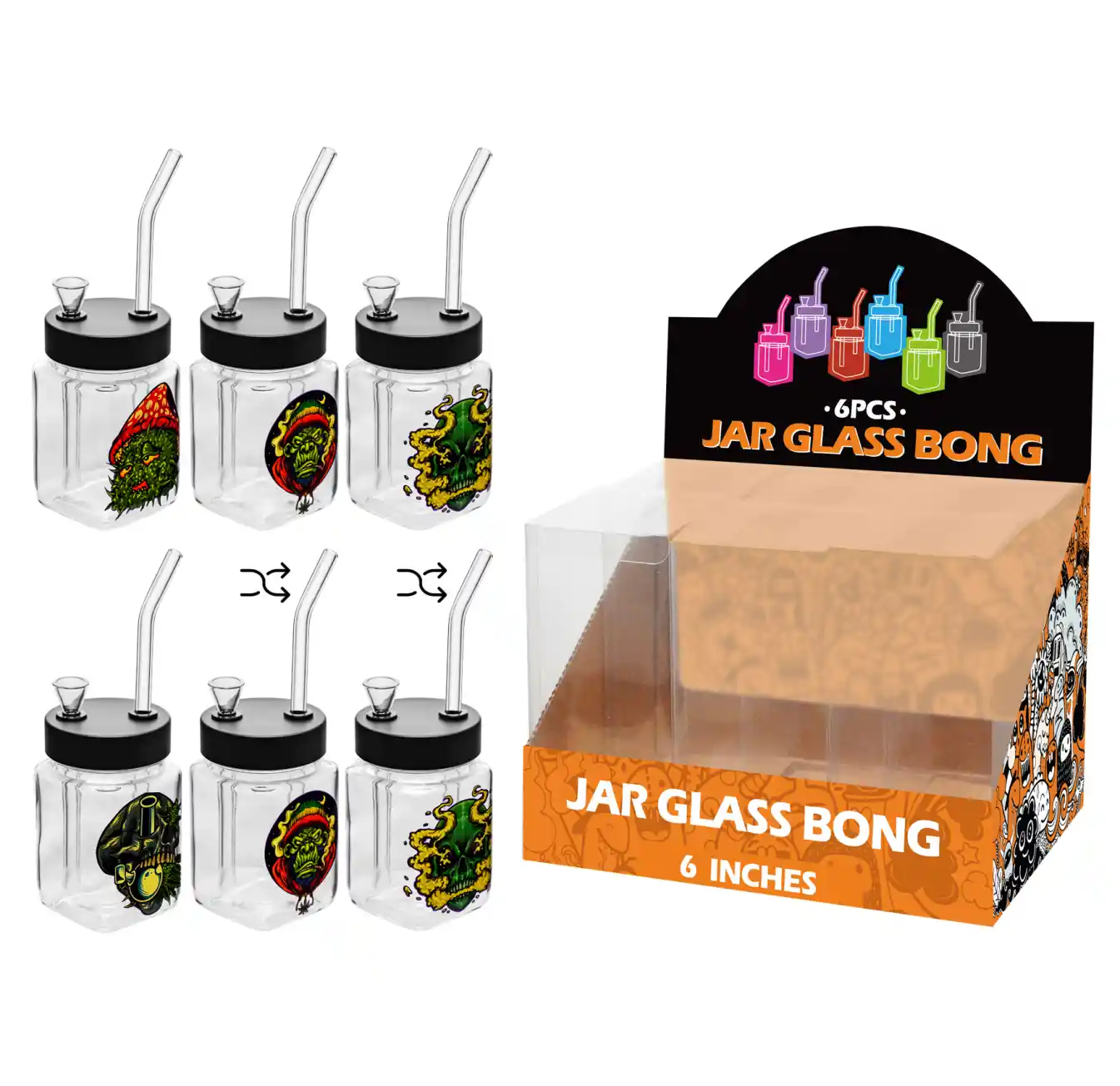 8inch square 6in1 waterpipe-MS3018F Skull Decal Glass Square Waterpipe 8inch-MS3018F - Image 1