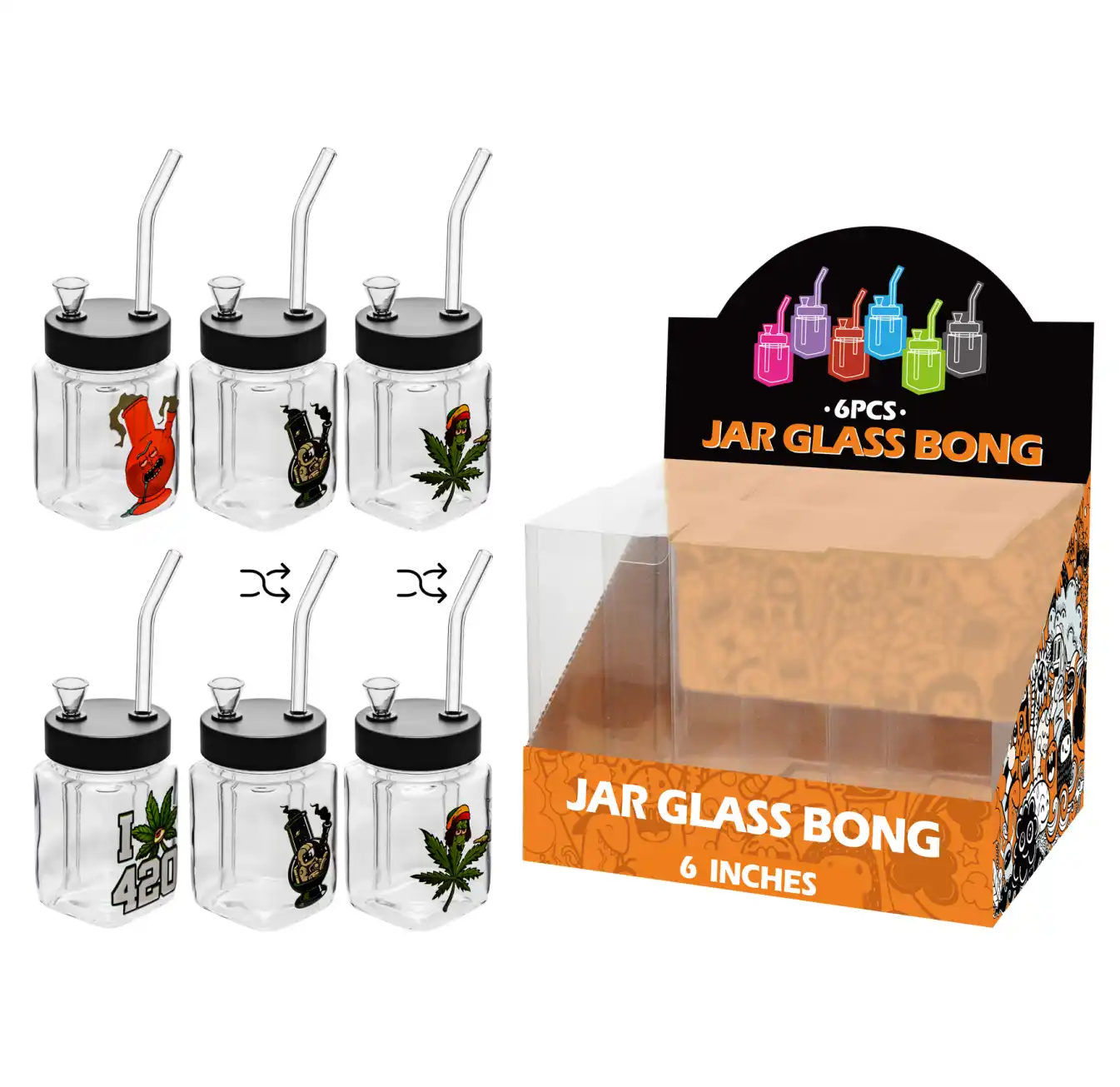 8inch square 6in1 waterpipe-MS3019F Weed Leaf Decal Glass Square Waterpipe 8inch-MS3019F - Image 1