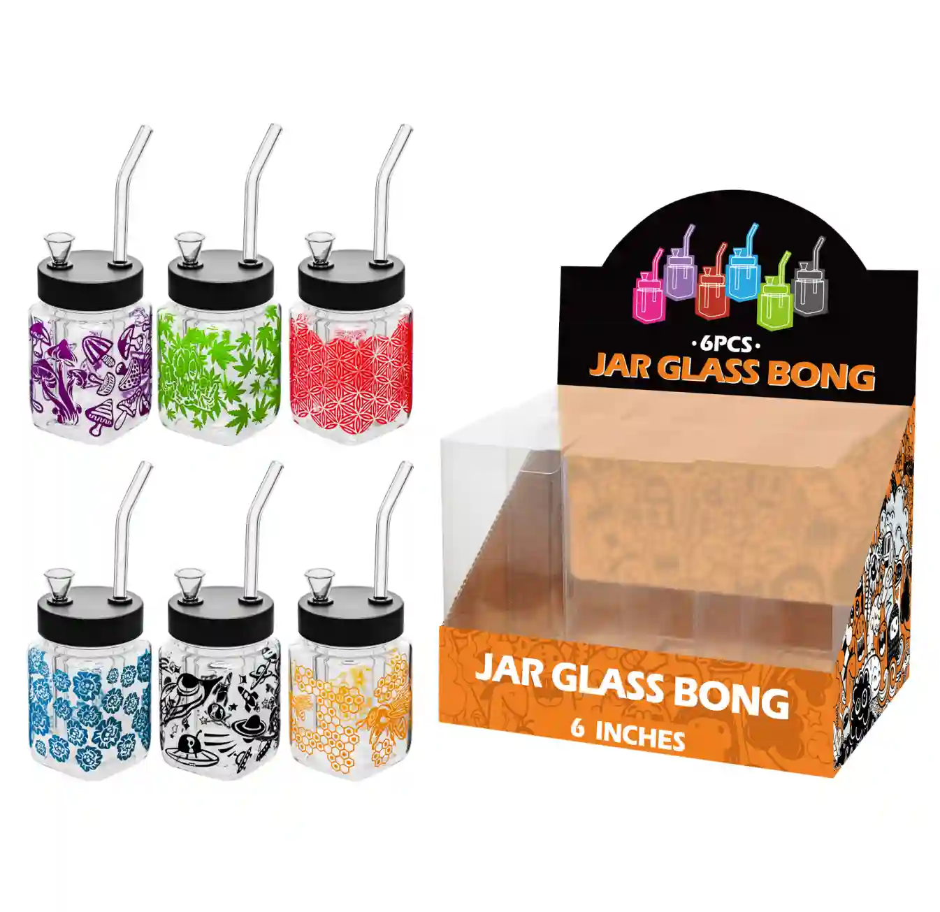 8inch square 6in1 waterpipe-MS3101F Mixed Decal Glass Square Waterpipe 8inch-MS3101F - Image 1