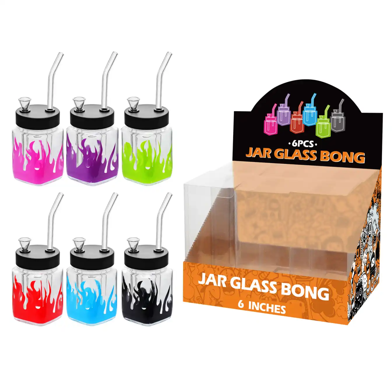8inch square 6in1 waterpipe-MS3102F Flame Mixed Color Decal Glass Square Waterpipe 8inch-MS3102F - Image 1