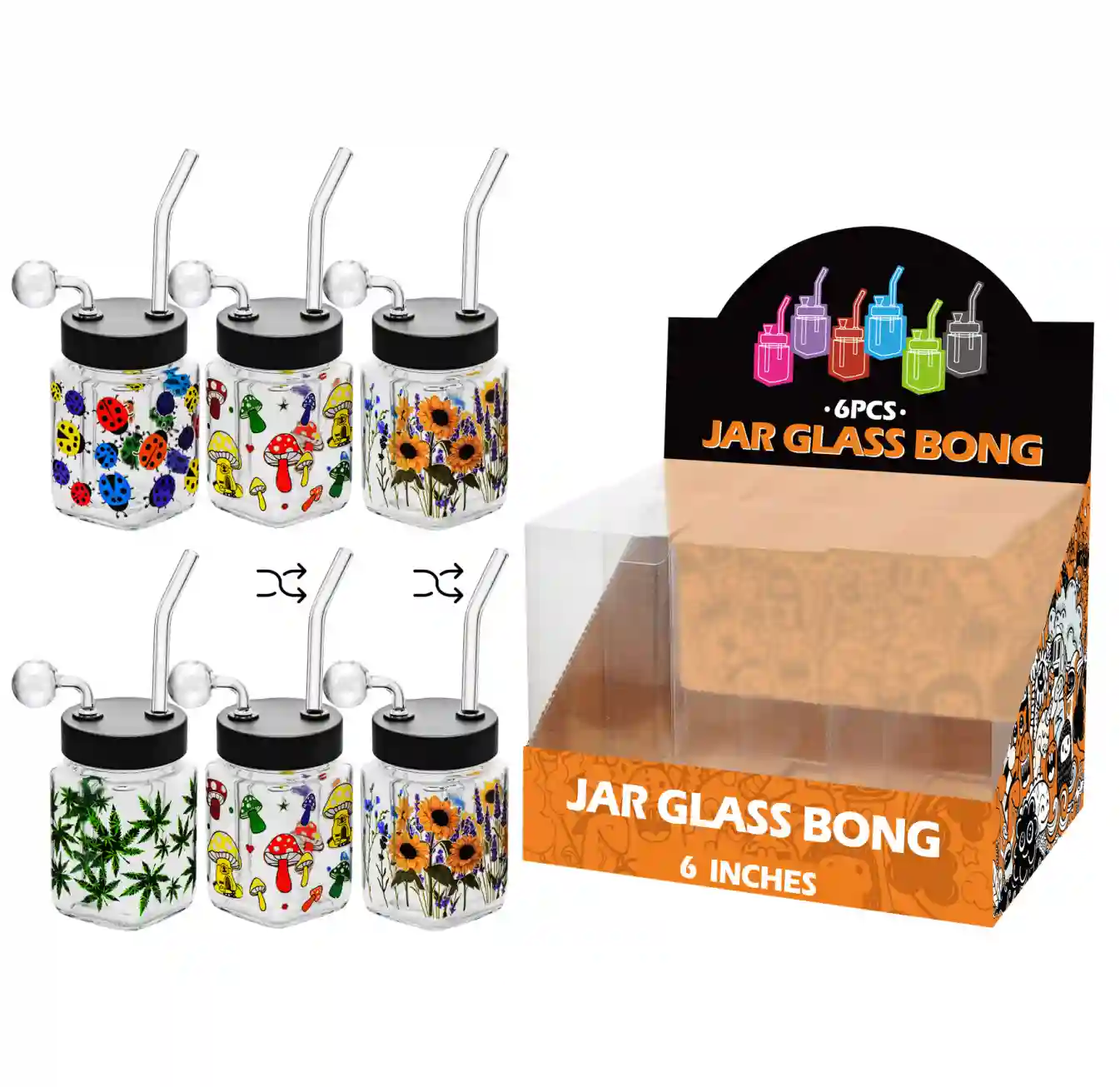 8inch square 6in1 oil burner-MS3103B Mixed Decal Glass Square Oil Burner 8inch-MS3103B - Image 1