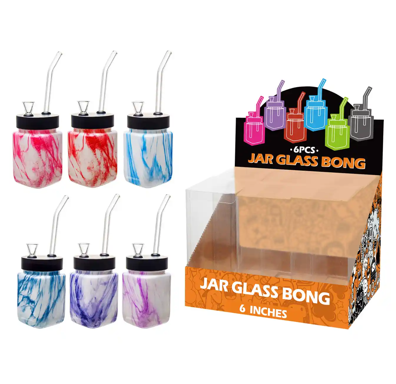 8inch square 6in1 waterpipe-MS5301F Mixed Colors Texture Pattern Water Transfer Printing Glass Square Waterpipe 8inch-MS5301F - Image 1