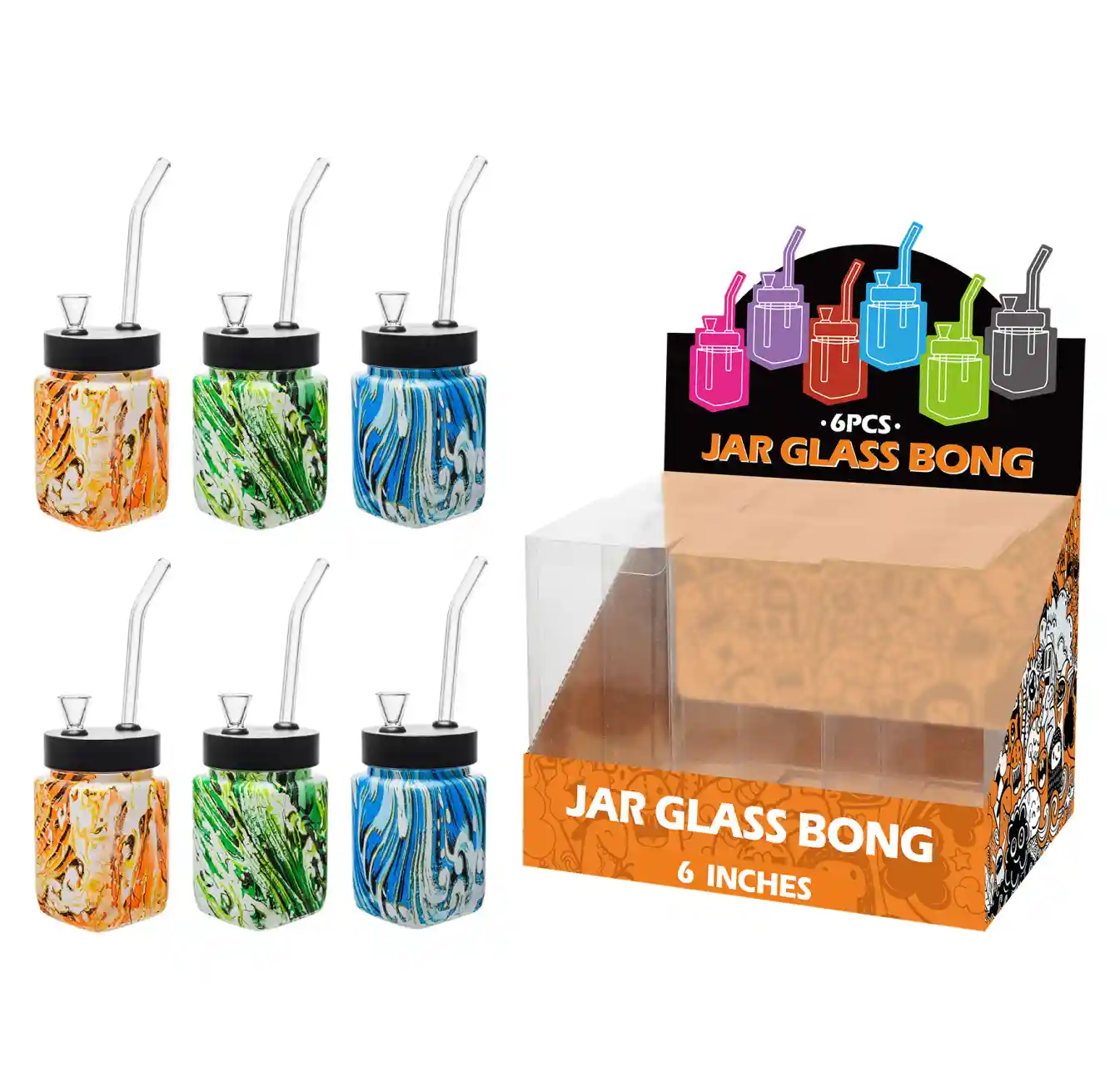 8inch square 6in1 waterpipe-MS5401F Mixed Colors Texture Pattern Water Transfer Printing Glass Square Waterpipe 8inch-MS5401F - Image 1