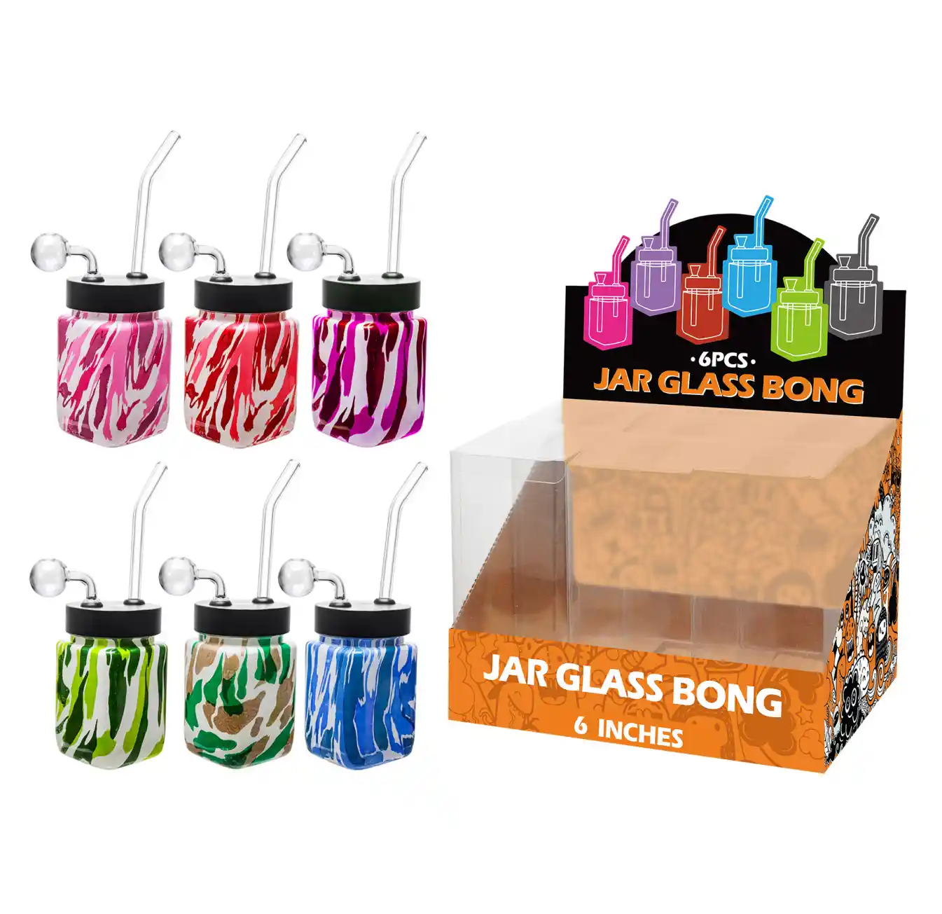 8inch square 6in1 oil burner-MS5501B Mixed Colors Water Transfer Printing Glass Square Oil Burner 8inch-MS5501B - Image 1
