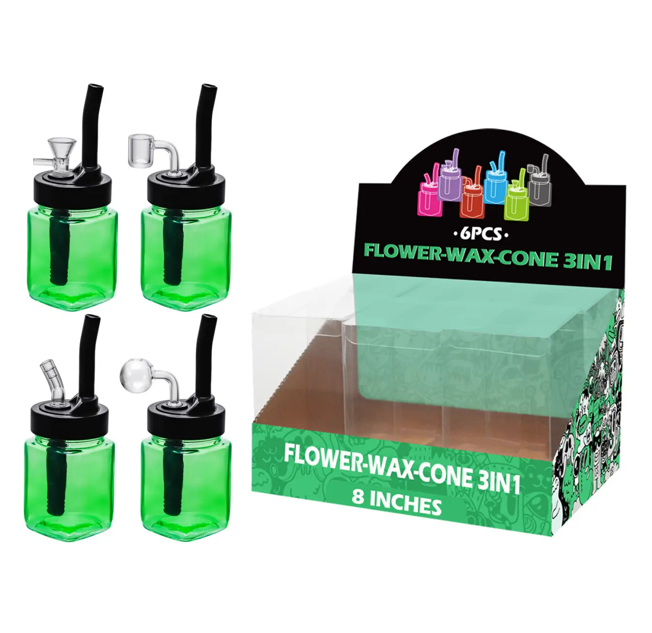 8inch multi-function 6in1 waterpipe-TA0102 Transparent Green Painting Glass Mutli-function Waterpipe 8inch-TA0102(F/R/B/Q ) - Image 1