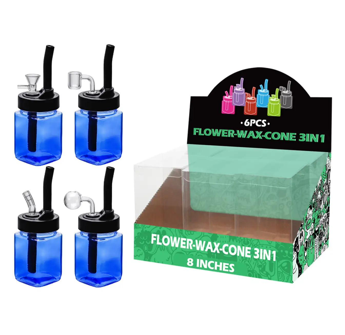 8inch multi-function 6in1 waterpipe-TA0103 Transparent Blue Painting Glass Mutli-function Waterpipe 8inch-TA0103(F/R/B/Q ) - Image 1