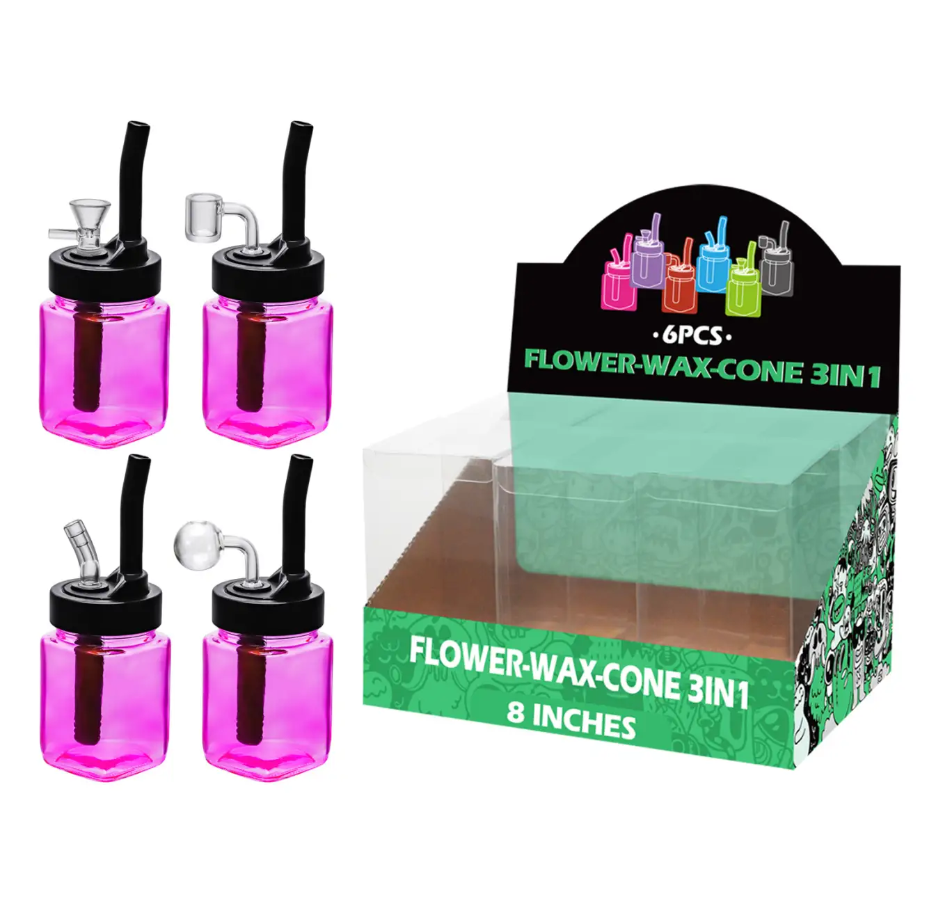 8inch multi-function 6in1 waterpipe-TA0105 Transparent Pink Painting Glass Mutli-function Waterpipe 8inch-TA0105(F/R/B/Q ) - Image 1