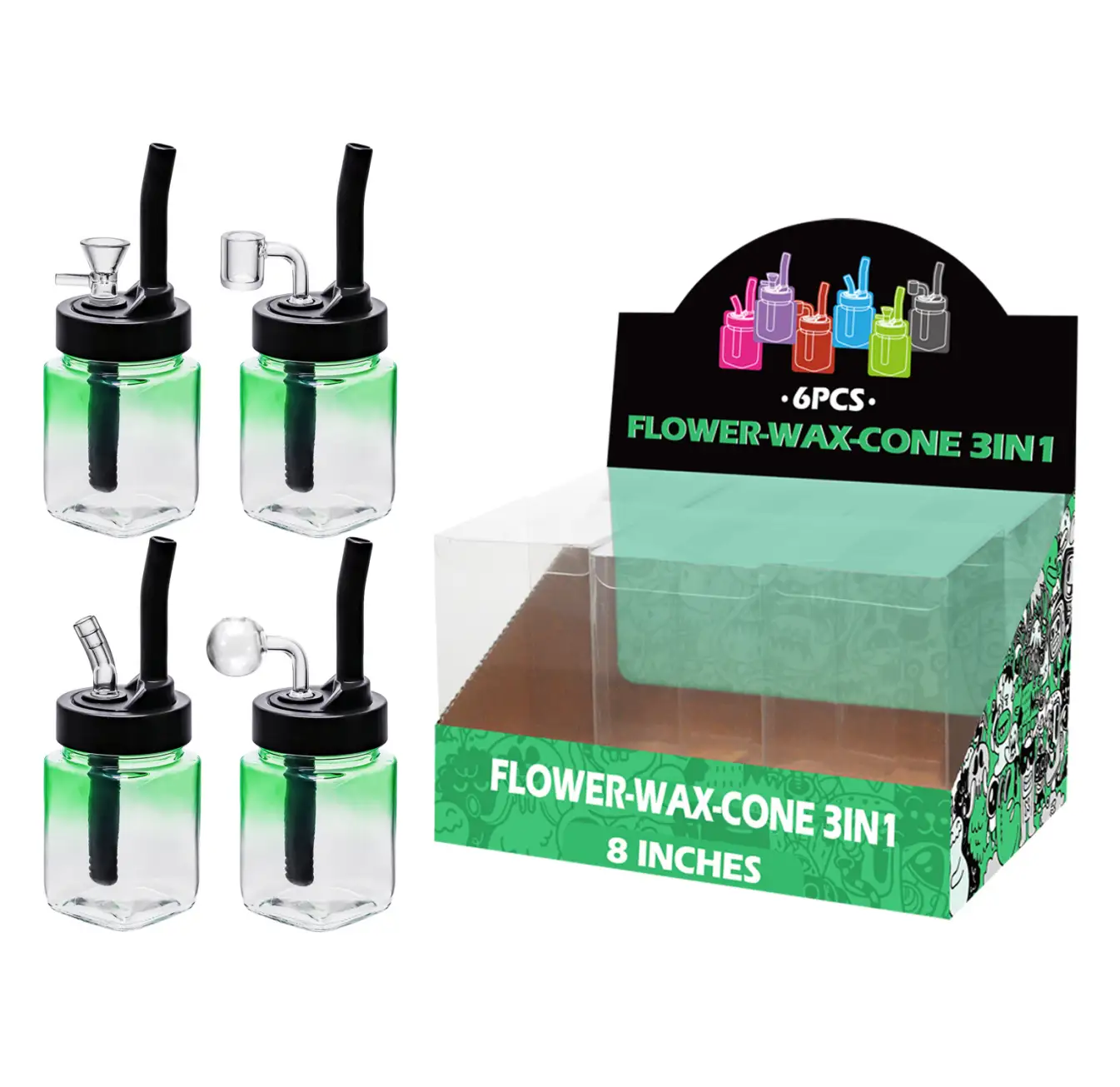 8inch multi-function 6in1 waterpipe-TA0202 Gradient Green Painting Glass Mutli-function Waterpipe 8inch-TA0202(F/R/B/Q ) - Image 1