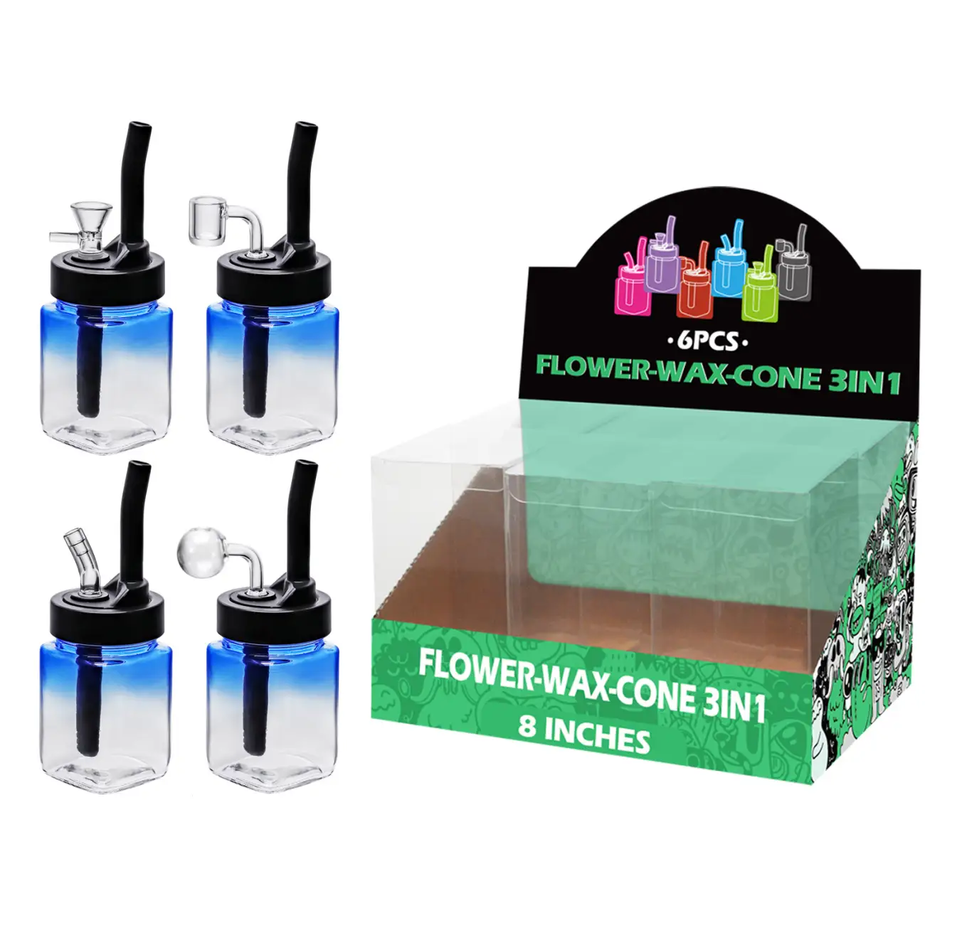 8inch multi-function 6in1 waterpipe-TA0203 Gradient Blue Painting Glass Mutli-function Waterpipe 8inch-TA0203(F/R/B/Q ) - Image 1
