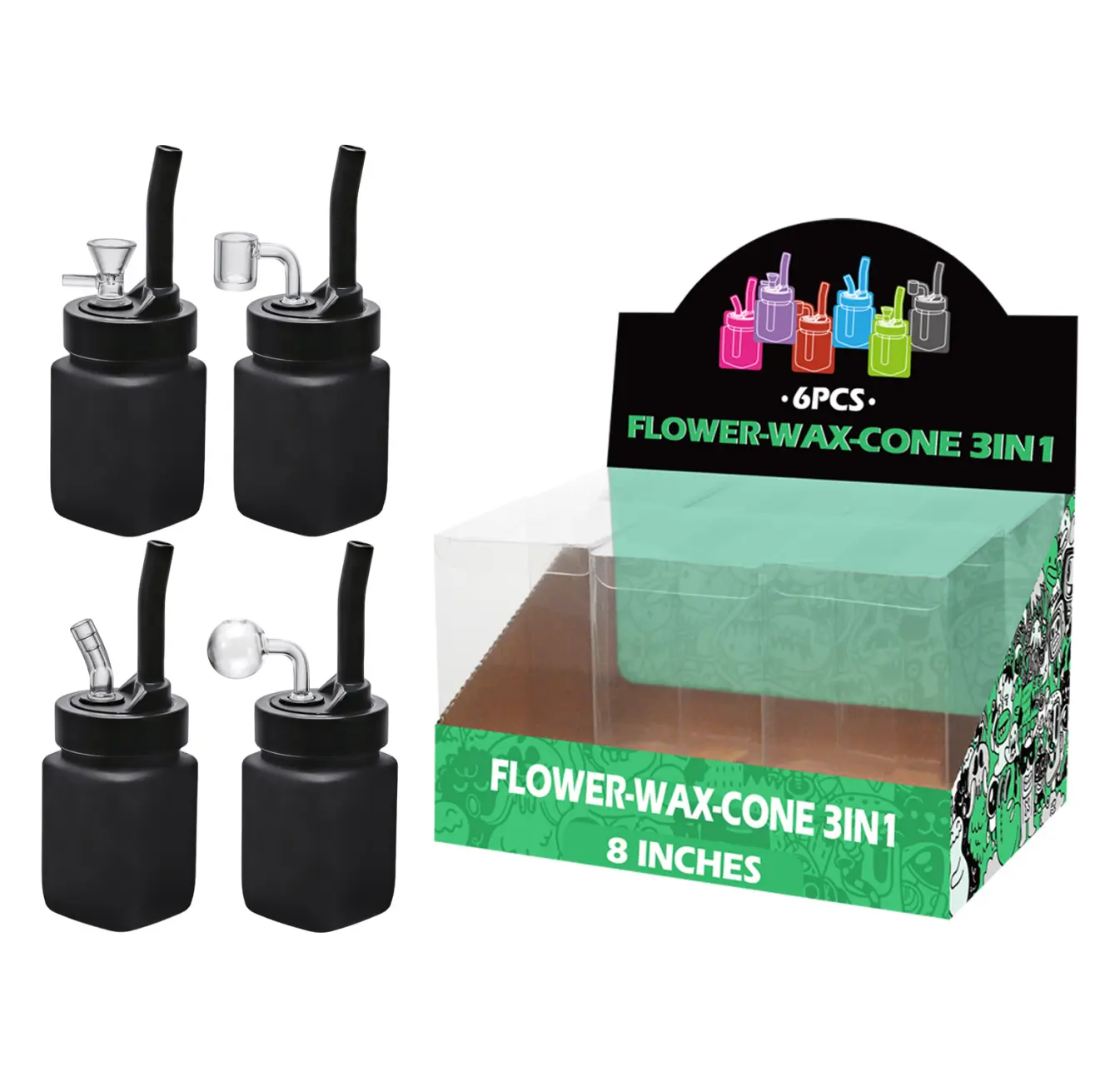 8inch multi-function 6in1 waterpipe-TA1006 Black Matt Painting Glass Mutli-function Waterpipe 8inch-TA1006(F/R/B/Q ) - Image 1