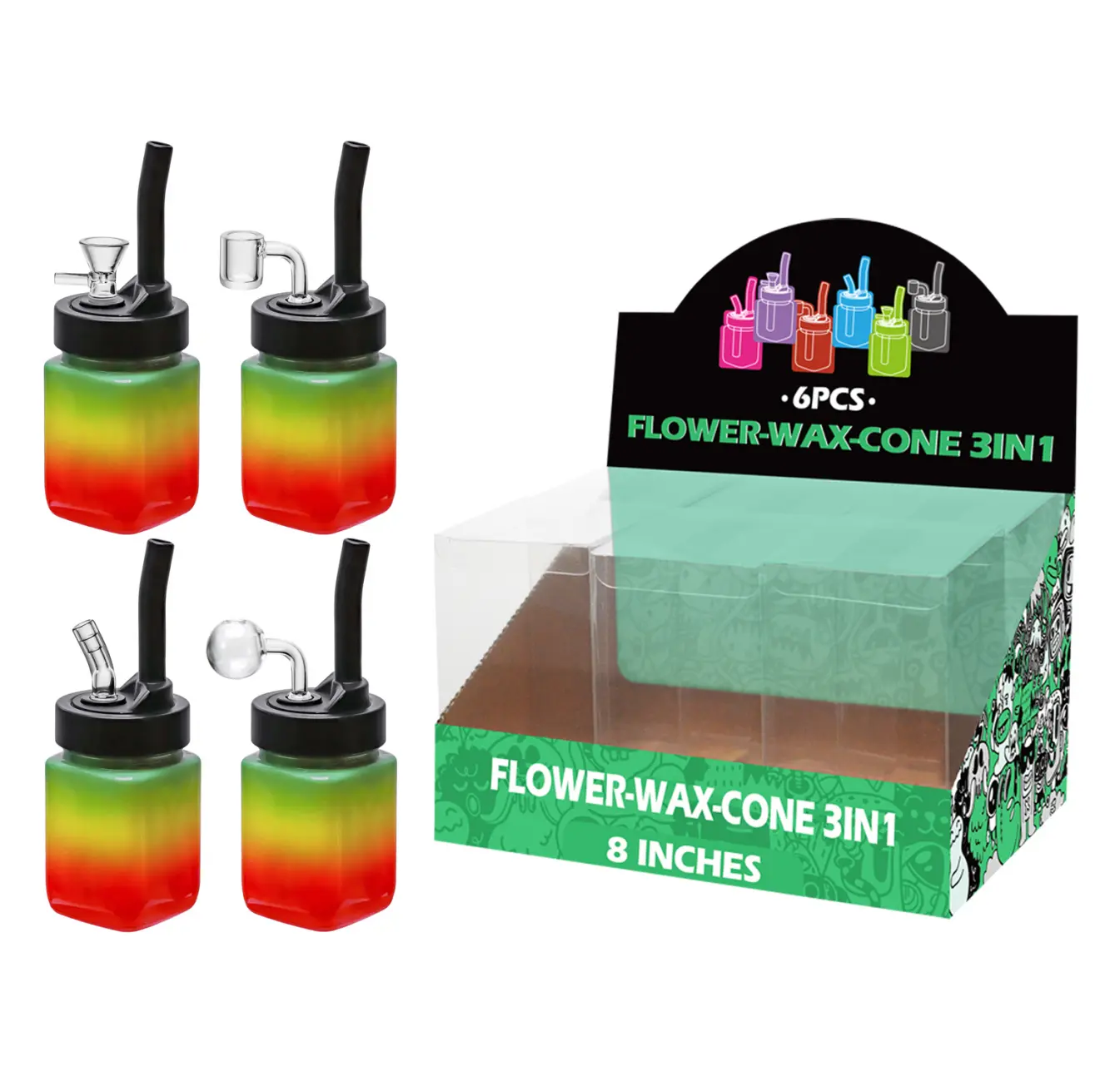 8inch multi-function 6in1 waterpipe-TA1101 Rasta Matt Painting Glass Mutli-function Waterpipe 8inch-TA1101(F/R/B/Q ) - Image 1