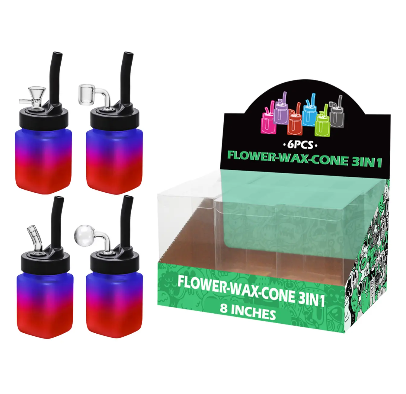8inch multi-function 6in1 waterpipe-TA1205 Blue+Pink+Red Gradient Matt Painting Glass Mutli-function Waterpipe 8inch-TA1205(F/R/B/Q ) - Image 1