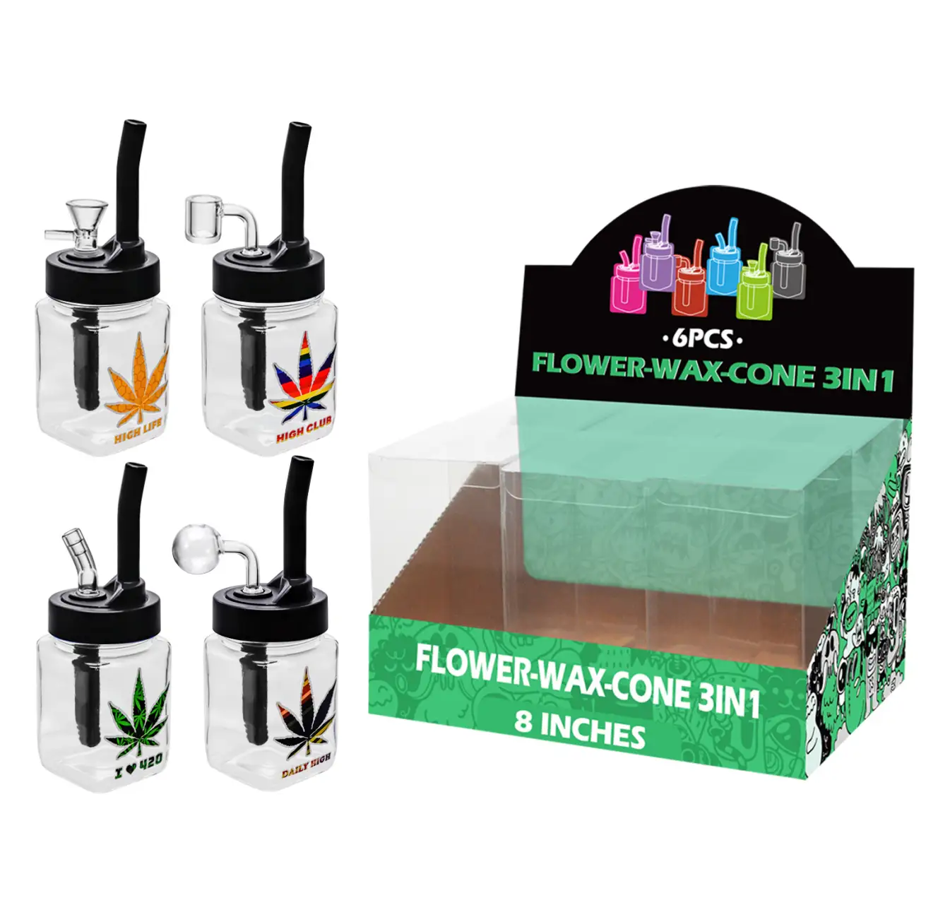 8inch multi-function 6in1 waterpipe-TA3001 Weed Leaf Decal Glass Mutli-function Waterpipe 8inch-TA3001(F/R/B/Q ) - Image 1