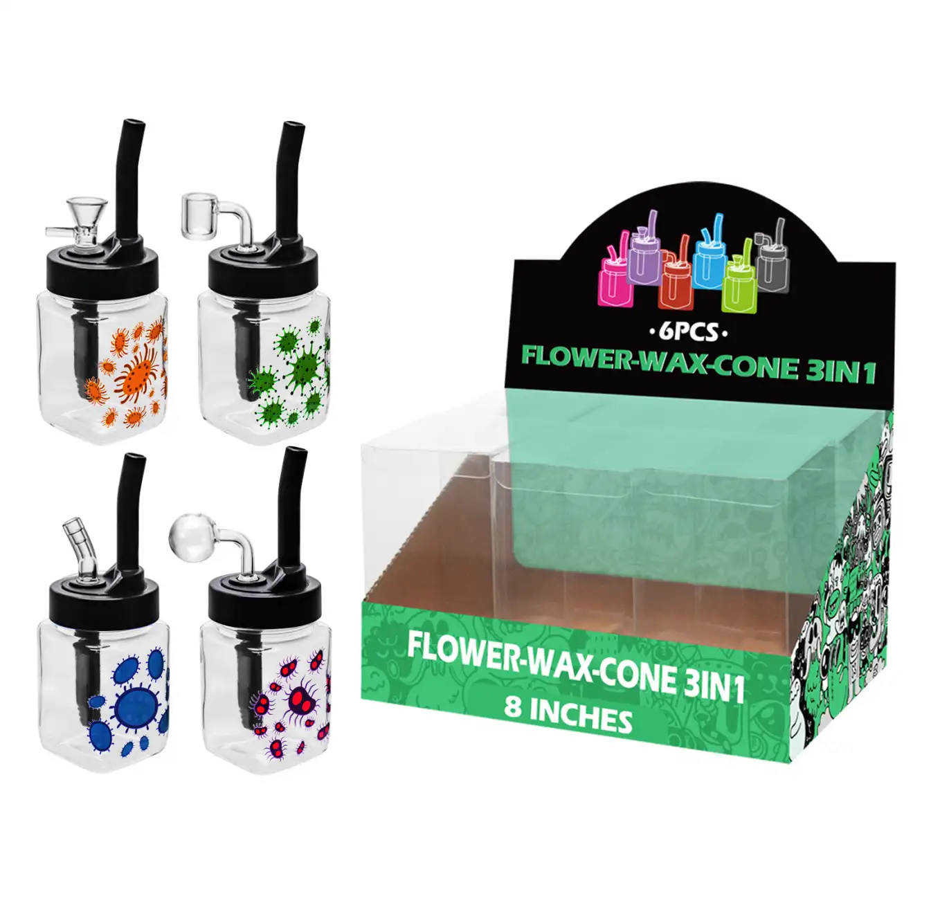 8inch multi-function 6in1 waterpipe-TA3007 Virus Decal Glass Mutli-function Waterpipe 8inch-TA3007(F/R/B/Q ) - Image 1