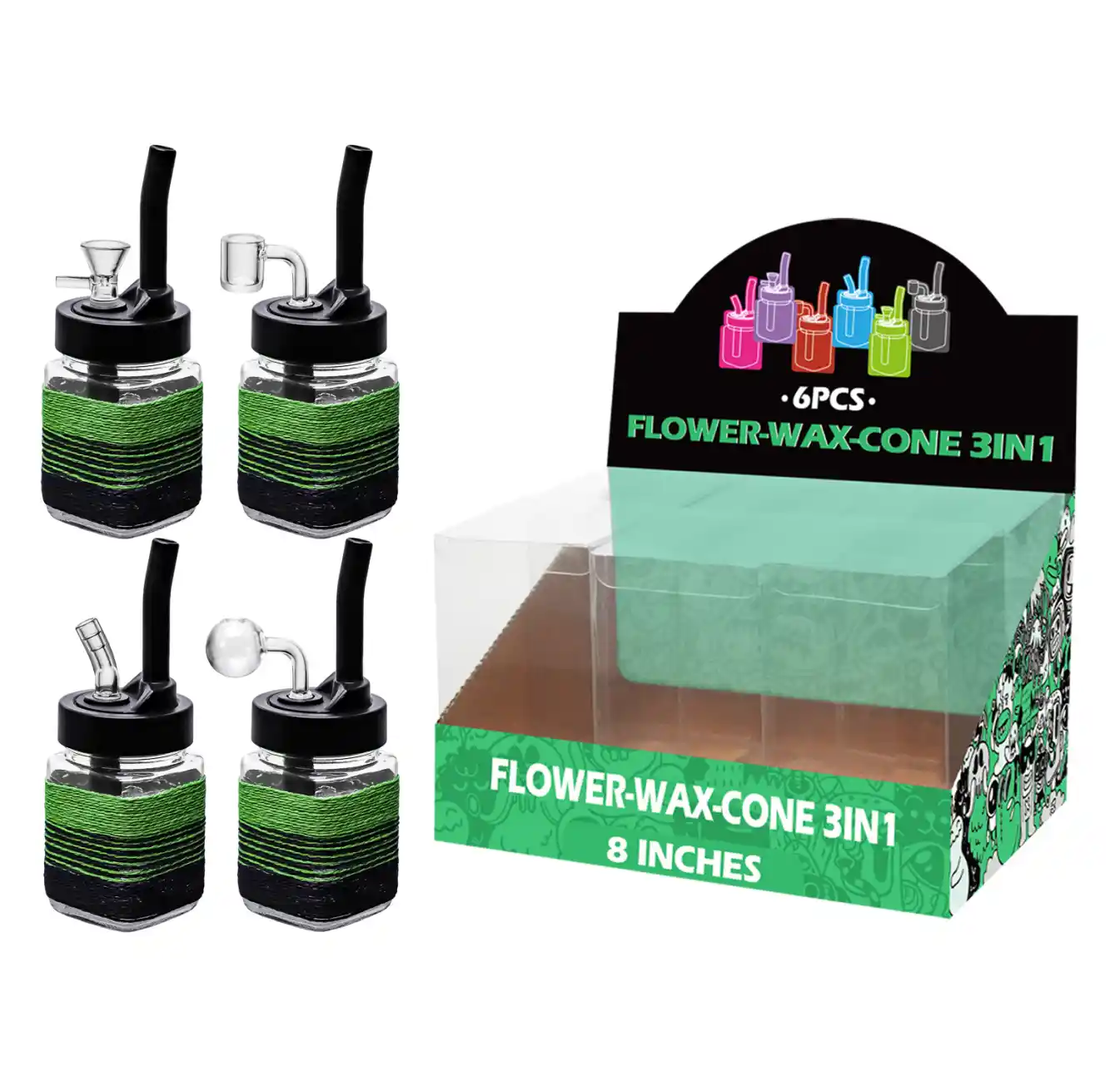 8inch multi-function 6in1 waterpipe-TA4002 Green Artistic String Glass Mutli-function Waterpipe 8inch-TA4002(F/R/B/Q ) - Image 1