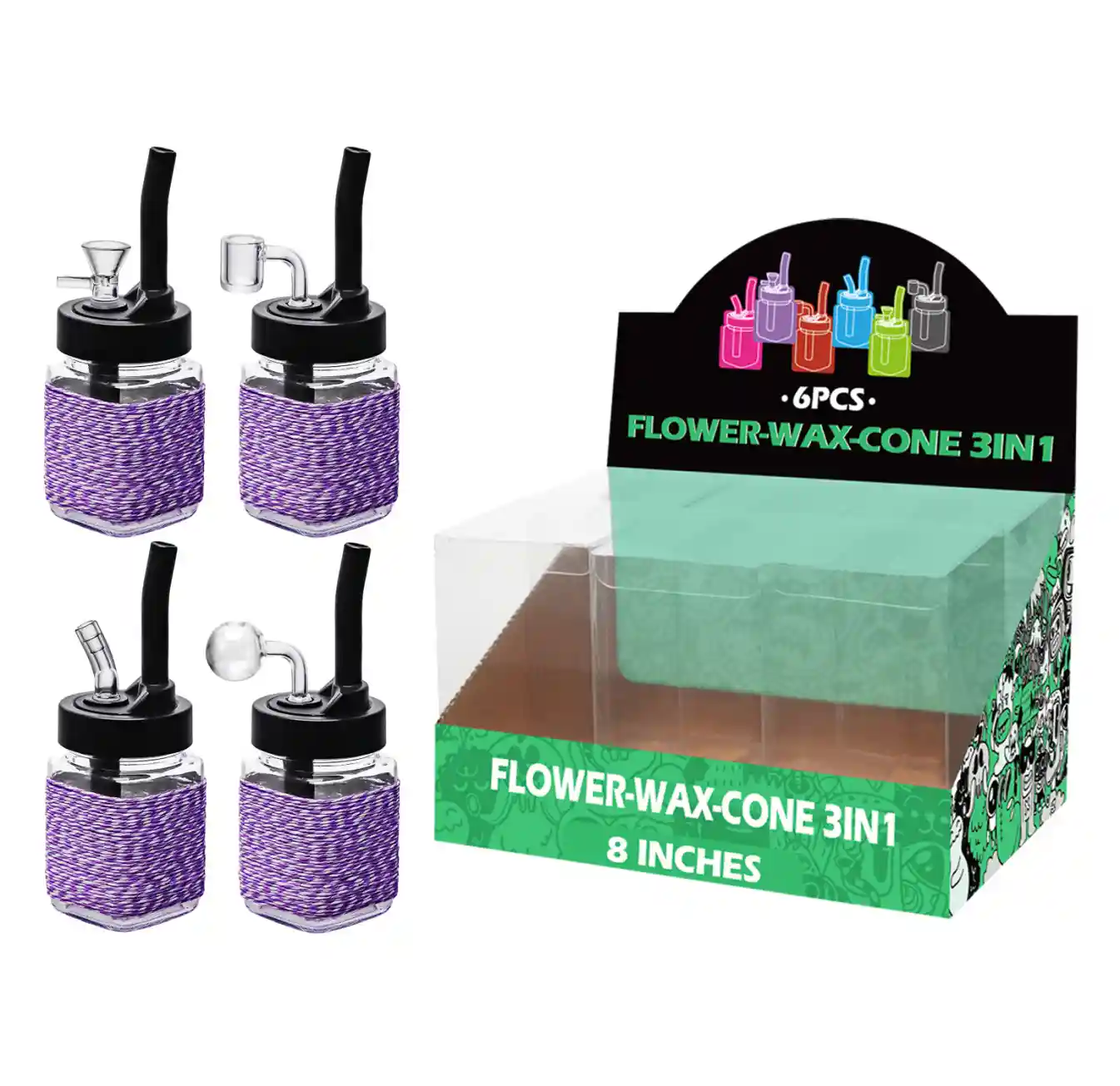 8inch multi-function 6in1 waterpipe-TA4104 Purple Artistic String Glass Mutli-function Waterpipe 8inch-TA4104(F/R/B/Q ) - Image 1