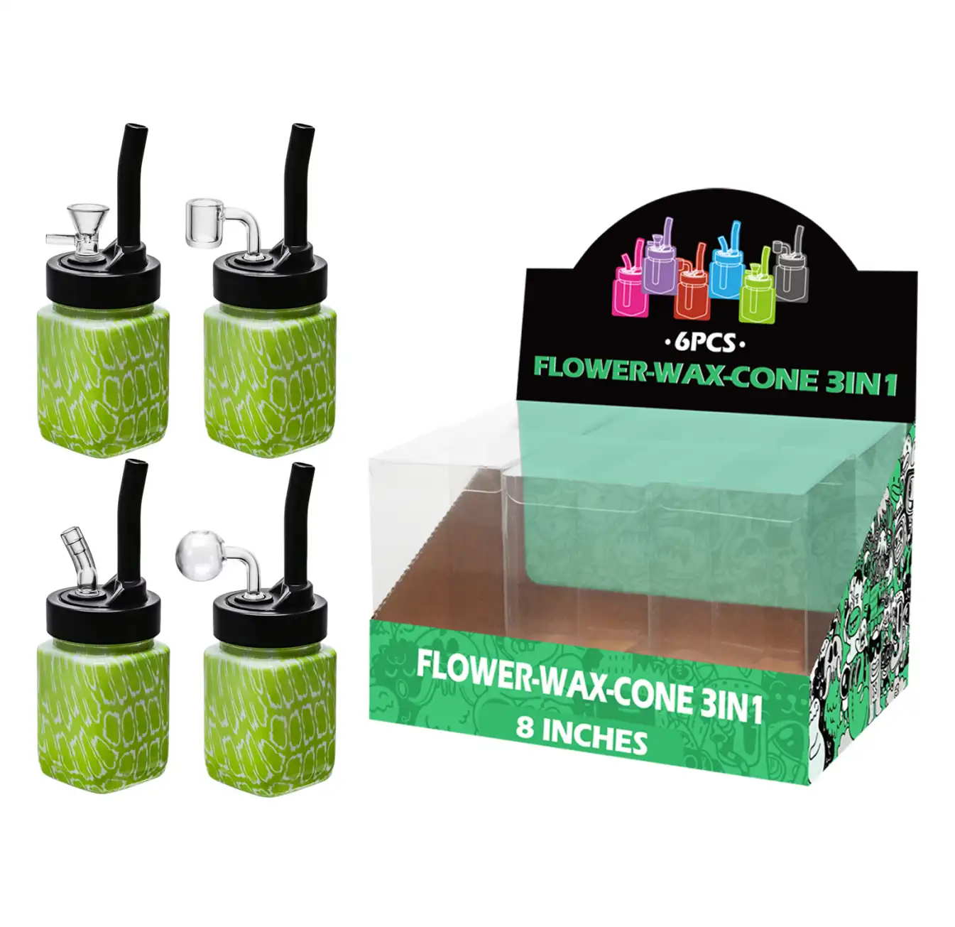 8inch multi-function 6in1 waterpipe-TA5102 Green Snakeskin Water Transfer Printing Glass Mutli-function Waterpipe 8inch-TA5102(F/R/B/Q ) - Image 1